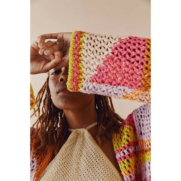Free People Chasing Rainbows Crochet Knit Cardi Duster Kimono Jacket $428 XS/S - Picture 5 of 9